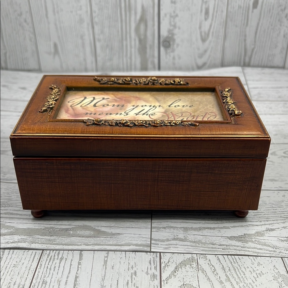 Vintage Wooden Musical Jewelry Box w/Gold Accents - Plays Wind Beneath My Wings